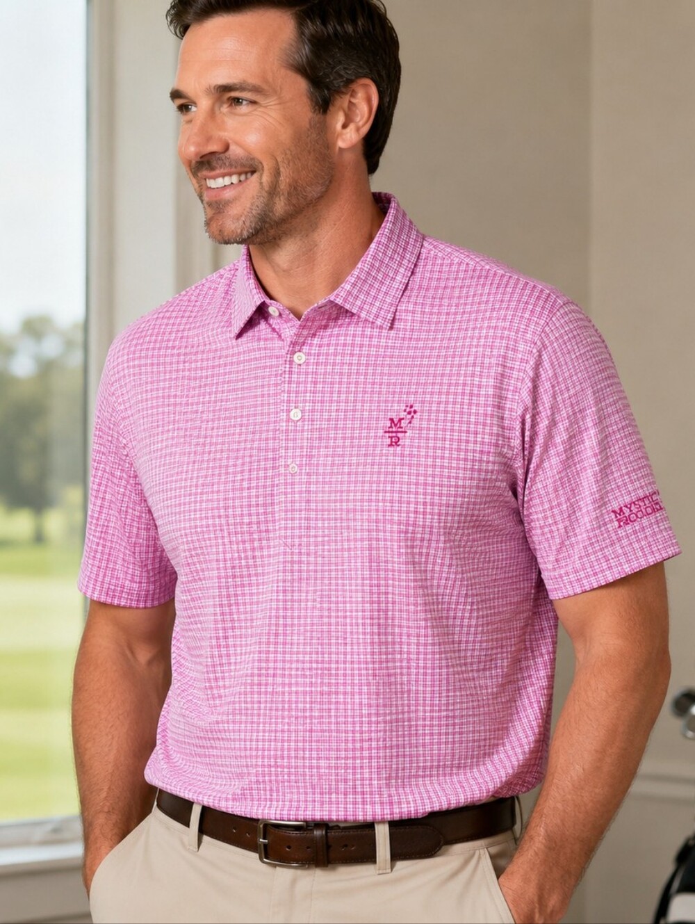 Carnoustie Tech Mystic Rock Golf Polo Shirt XXL Pink Plaid Performance Stretch